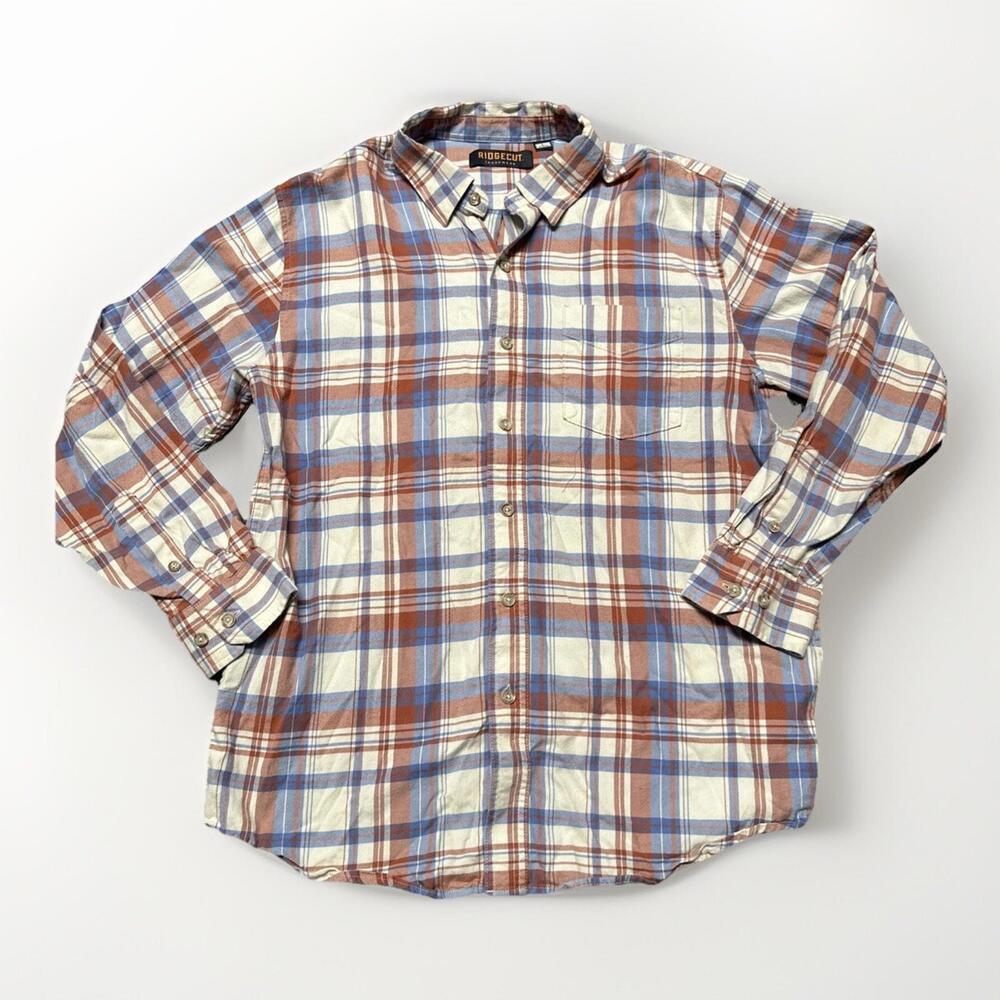Ridgecut Workwear Flannel Shirt Mens Large Cotton Long Sleeve Tan Blue Plaid